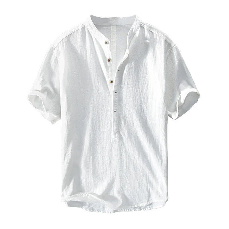 Buddha Stones Solid Color Short Sleeve Half Button Shirt Cotton Men Clothing