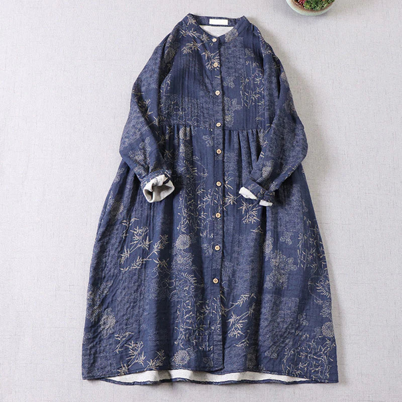 Buddha Stones Commute Bamboo Floral Pattern Long Sleeve Buttons Women's Cotton Midi Dress With Pockets