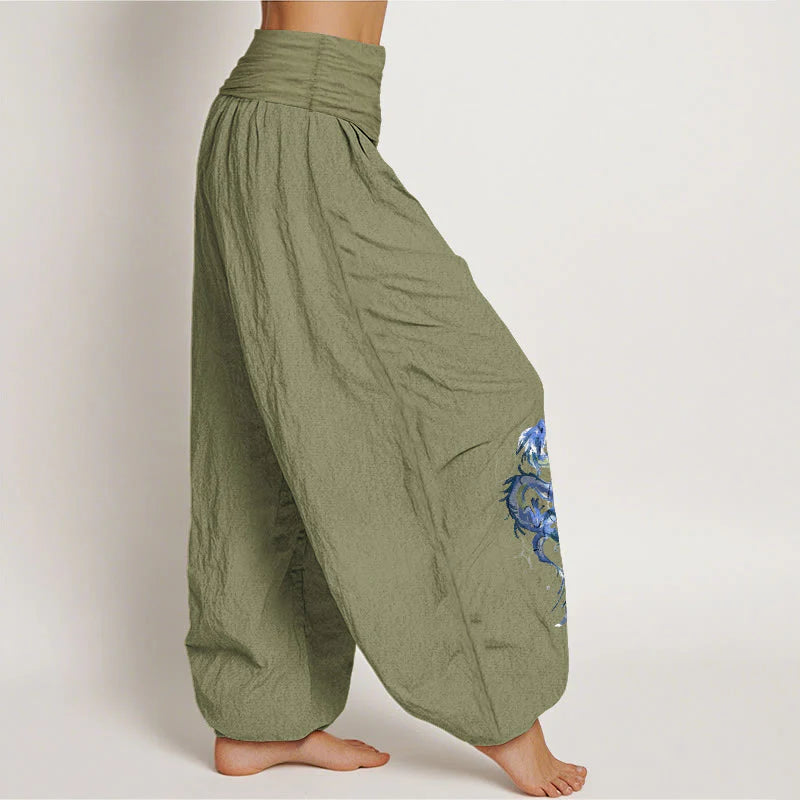 Buddha Stones Pure Cotton Striking Dragon Pattern Women's Elastic Waist Harem Pants