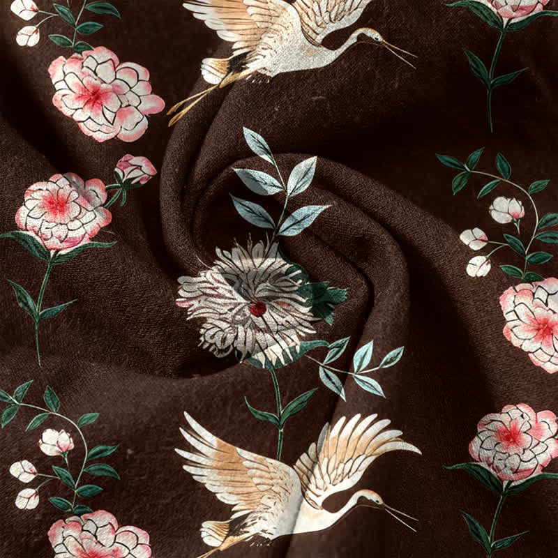 Buddha Stones Cotton Crane Floral Print Men's Short Sleeve Half Button Shirt
