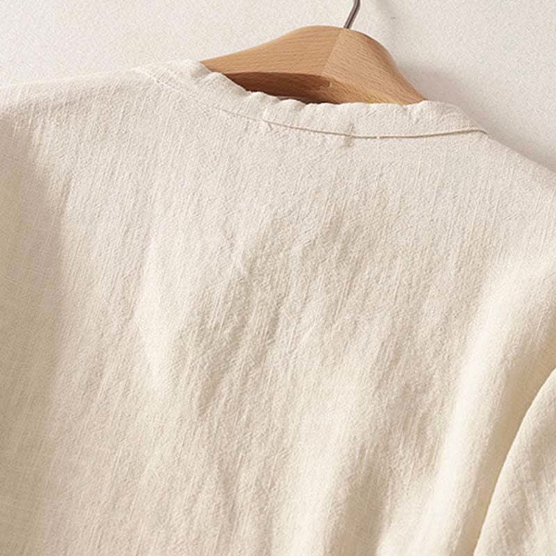 Buddha Stones Spring Frog-Button Knee Length Cotton Women's Short Sleeve Dress With Pockets