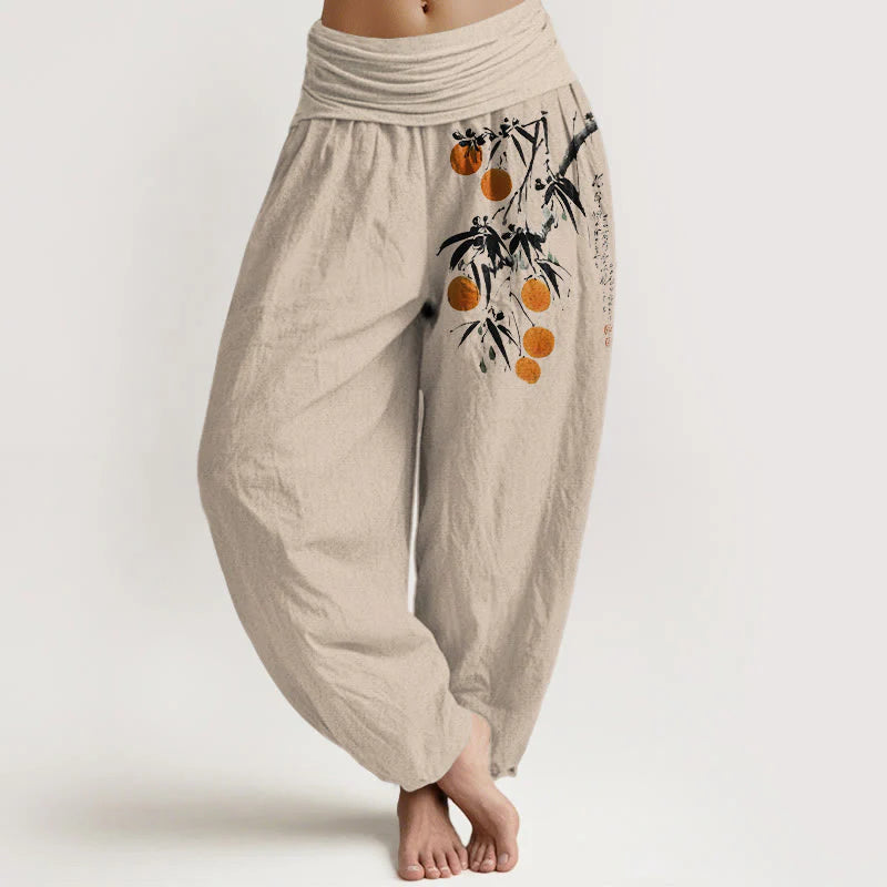 Buddha Stones Pure Cotton Brightly Colored Fruit Branches Pattern Women's Elastic Waist Harem Pants