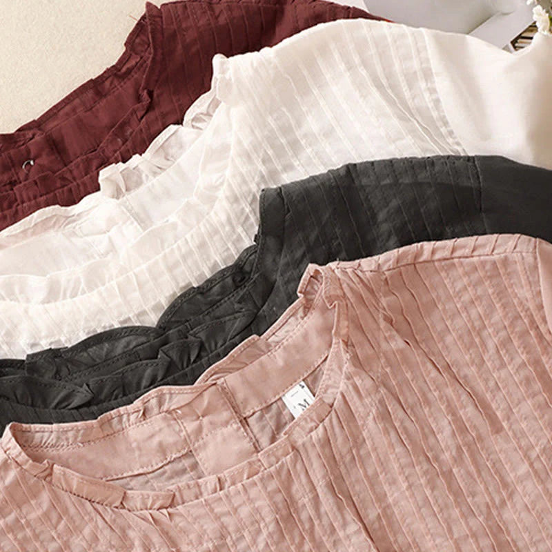 Buddha Stones Summer Pure Color Ruffled Pleated Design Women's Cotton Short Sleeve Shirt