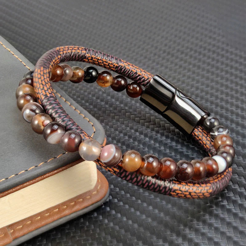 Buddha Stones Sardonyx Double Wrap Braided Leather Success Bracelet