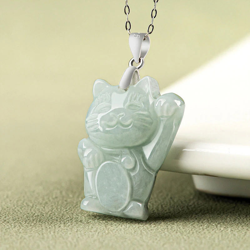 Buddha Stones Jade Fortune Cat Prosperity Titanium Steel Necklace Pendant