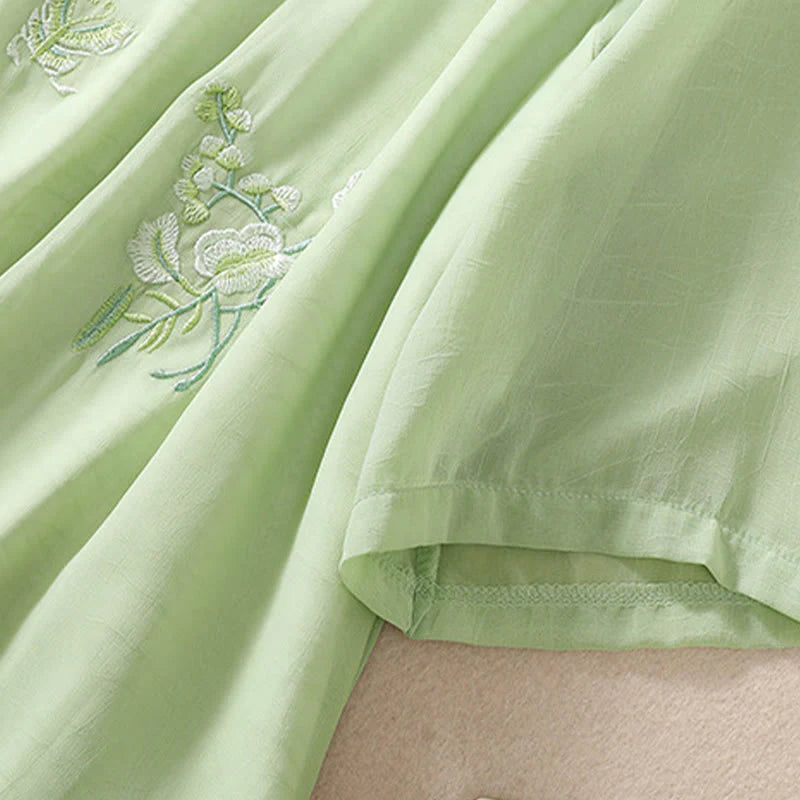 Buddha Stones Embroidery Plants Flower Half Sleeve Plain Frog-Button Stand Collar Women's Shirt