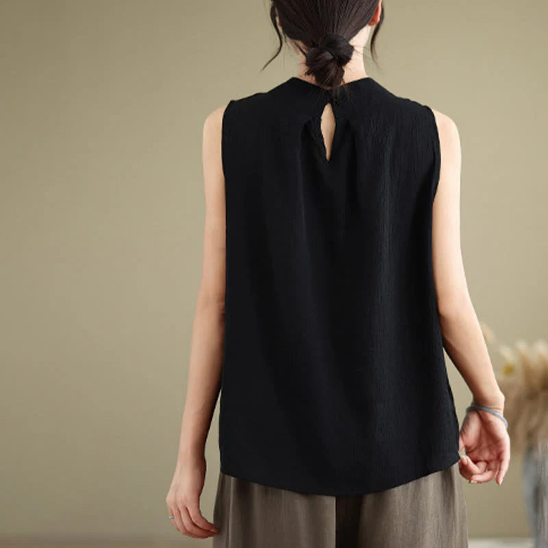 Buddha Stones Casual Plain Back Buttom Design Stand Collar Cotton Linen Women's Sleeveless Vest