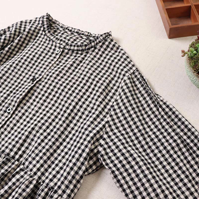Buddha Stones Long Sleeve Plaid Simple Buttons Ruffled Design Midi Dress With Pockets