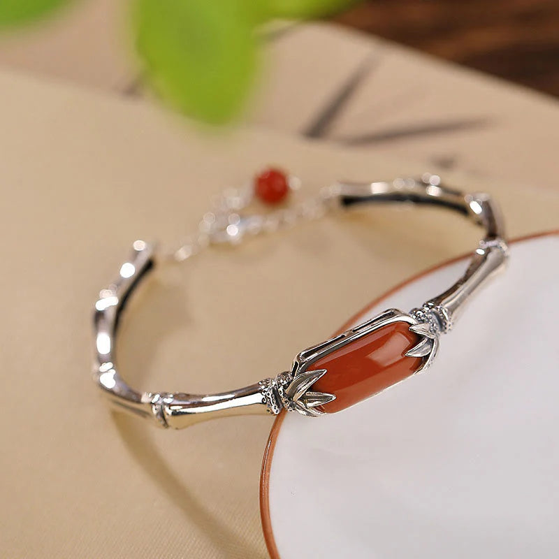 Buddha Stones 925 Sterling Silver Red Agate Bamboo Pattern Calm Bracelet Ring Jewelry Set (Extra 30% Off | USE CODE: FS30)
