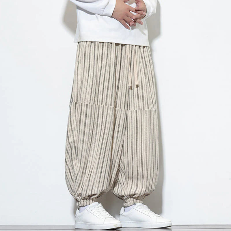 Buddha Stones Fall Striped Pattern Drawstring Men's Harem Corduroy Pants With Pockets