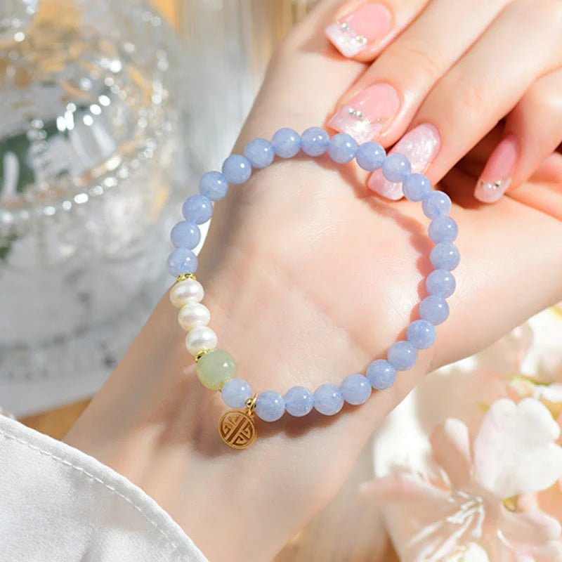 Buddha Stones Blue Chalcedony Pearl Beads Energy Bracelet