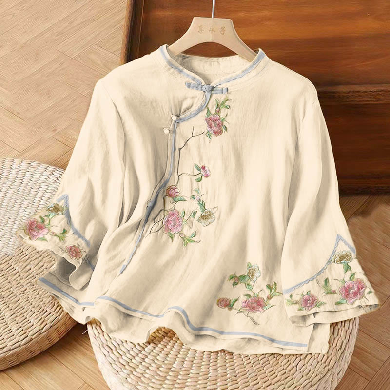 Buddha Stones Casual Vintage Embroidery Flower Pattern Chinese Frog-Button Crew Neck Design Women's Cotton Linen Shirt