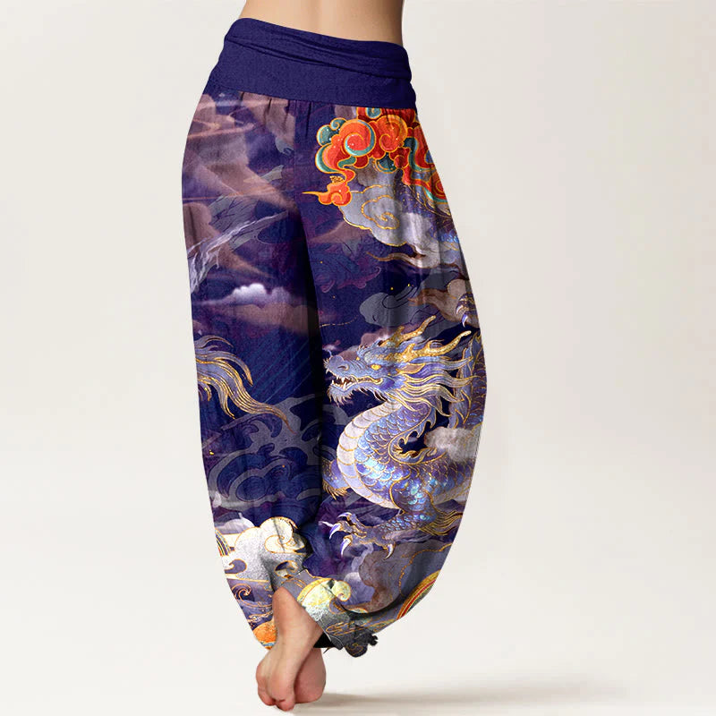 Buddha Stones Pure Cotton Gorgeous Dragon Cloud Rainbow Pattern Women's Elastic Waist Harem Pants