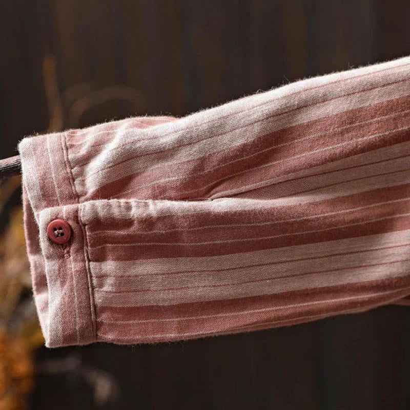 Buddha Stones Fall Vertical Stripes Button Down Stand Collar Long Sleeve Women's Cotton Shirt