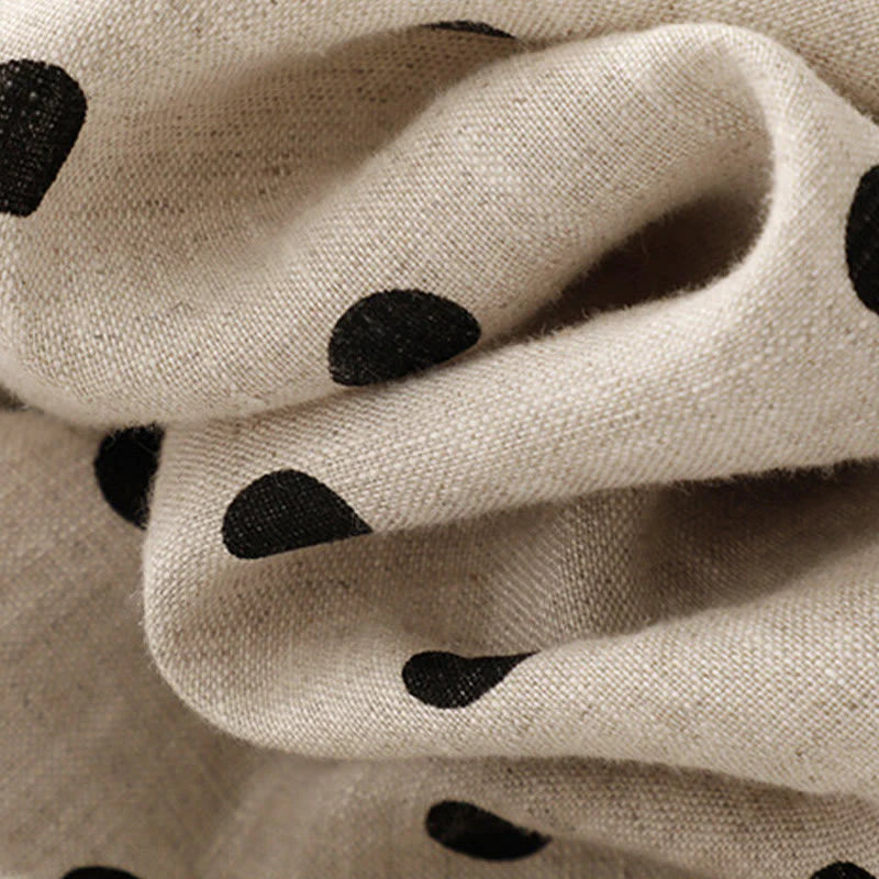 Buddha Stones Summer Polka Dot V-Neck Lace-up Cotton Linen Women's Midi Dress With Pockets