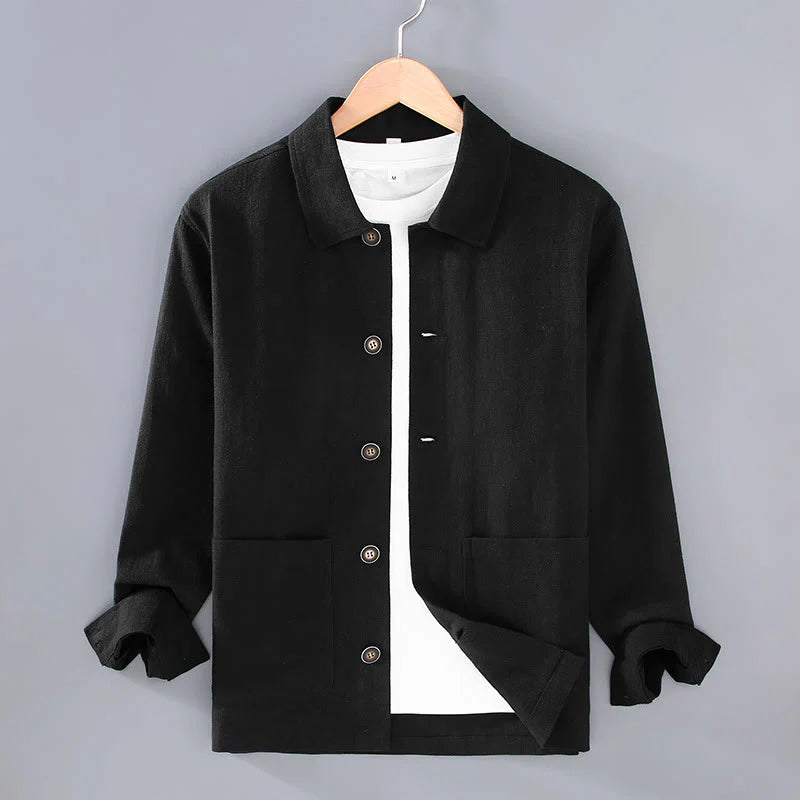 Buddha Stones Commute Plain Long Sleeve Button Lapel  Design Men's Ramie Linen Jacket With Pockets