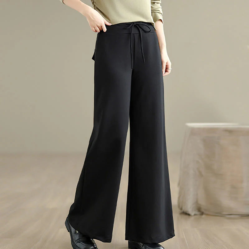 Buddha Stones Plain Drawstring Cotton Polyester Women's Wide Leg Pants With Pockets
