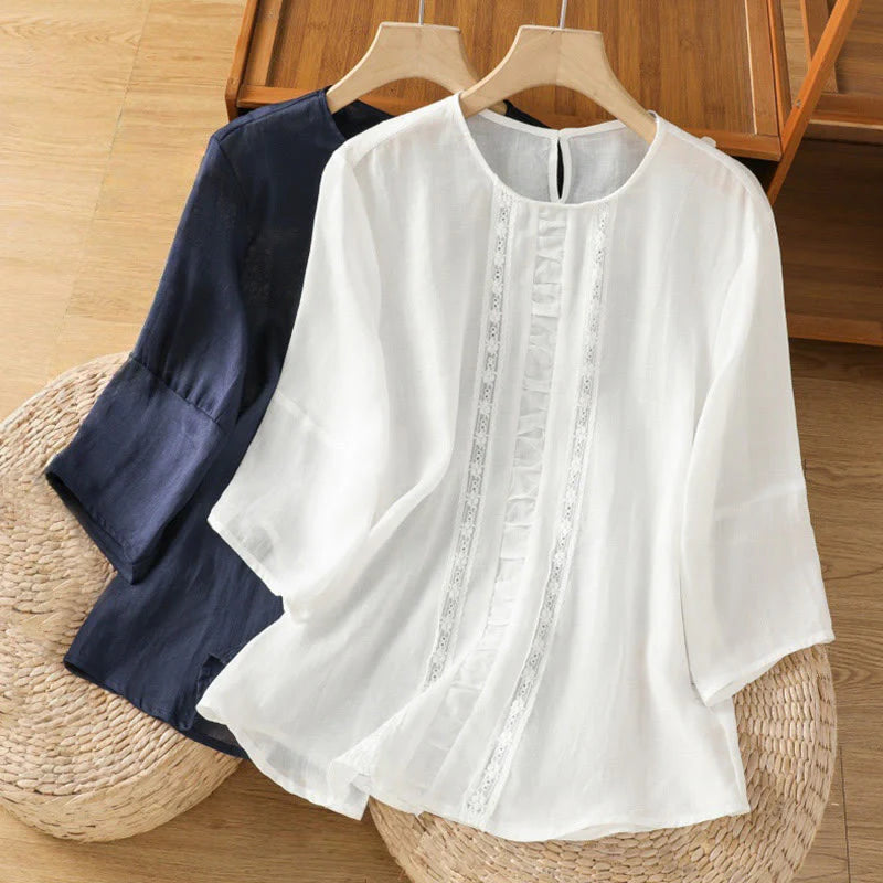 Buddha Stones Casual Pure Color Crew Neck Women's Cotton Linen Three Quarter Sleeve Shirt