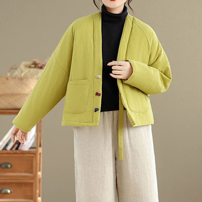 Buddha Stones Winter Long Sleeve Cotton Women's Thermal Jacket With Pockets