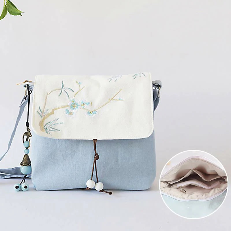 Buddha Stones Handmade Embroidered Plum Flowers Canvas Crossbody Bag Shoulder Bag Handbag