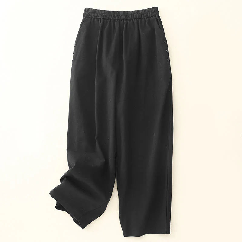 Buddha Stones Casual Snap Buttons Women's Cotton Polyester Pants With Pockets