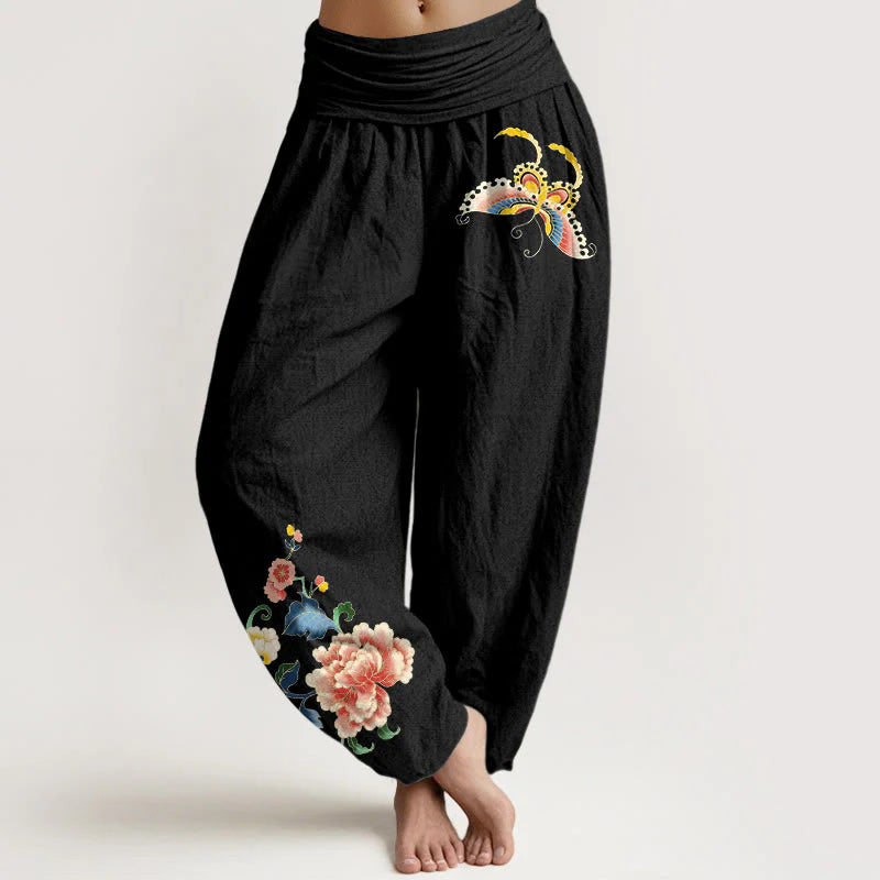 Buddha Stones Cotton Auspicious Peony Flower Butterfly Pattern Women's Elastic Waist Harem Pants