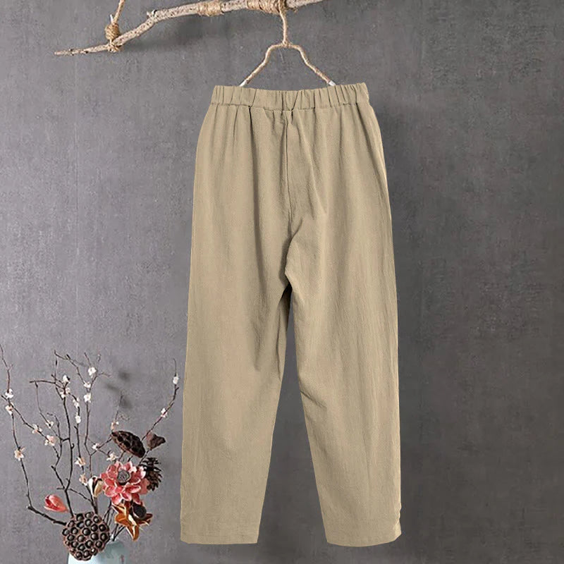 Buddha Stones Casual Pure Color Hollow Button Cuff Design Women's Cotton Linen Pants With Pockets