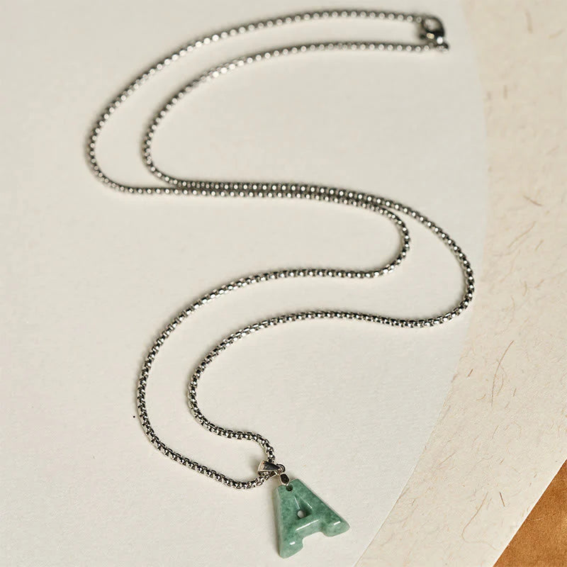 Buddha Stones Natural A-Z Letter Jade Titanium Steel Wide Chain Prosperity Necklace Pendant