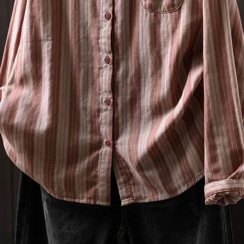 Buddha Stones Fall Vertical Stripes Button Down Stand Collar Long Sleeve Women's Cotton Shirt