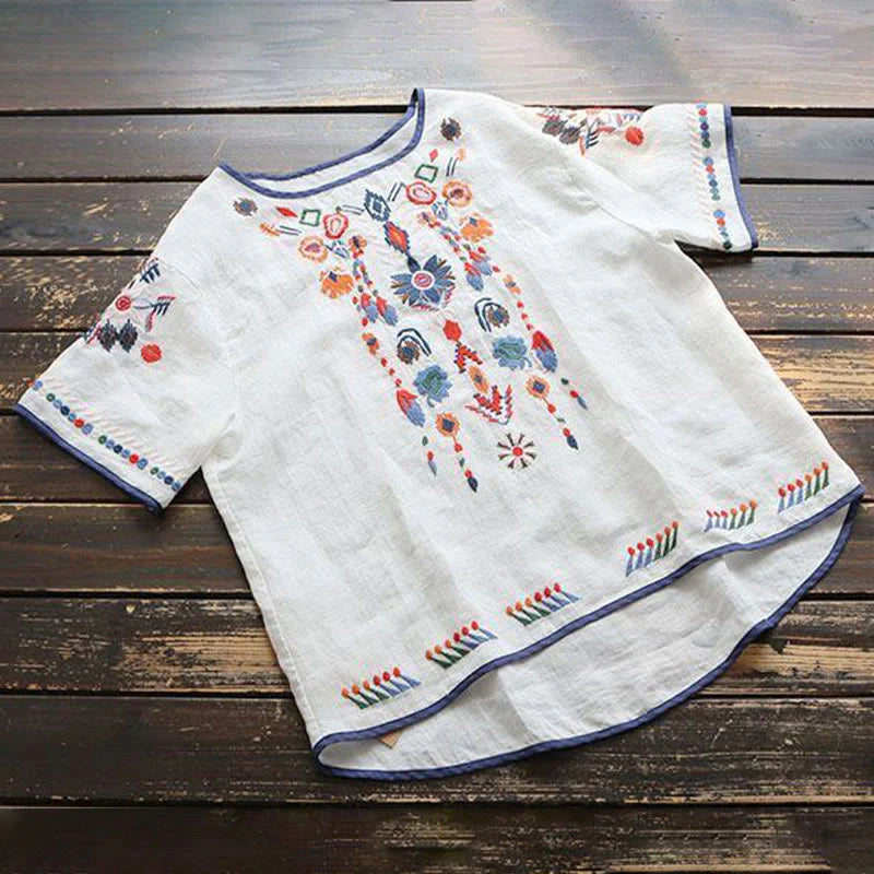 Buddha Stones Retro Artistic Embroidery Floral Pattern Crew Neck Women's Cotton Linen Short Sleeve T-Shirt