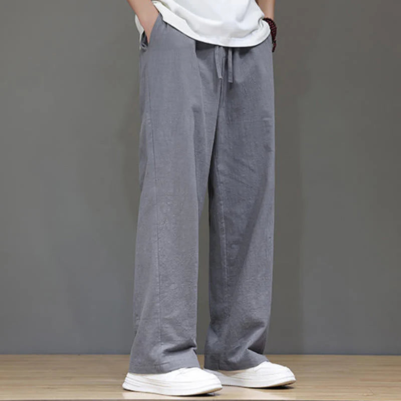 Buddha Stones Summer Men's Cotton Linen Straight Leg Pants With Pockets