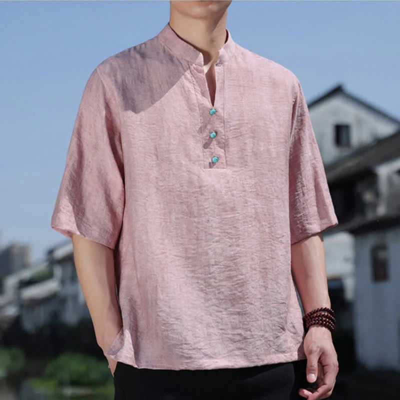 Buddha Stones Summer Dai Ethnic Short Sleeve Men's Notched Collar Button T-Shirt