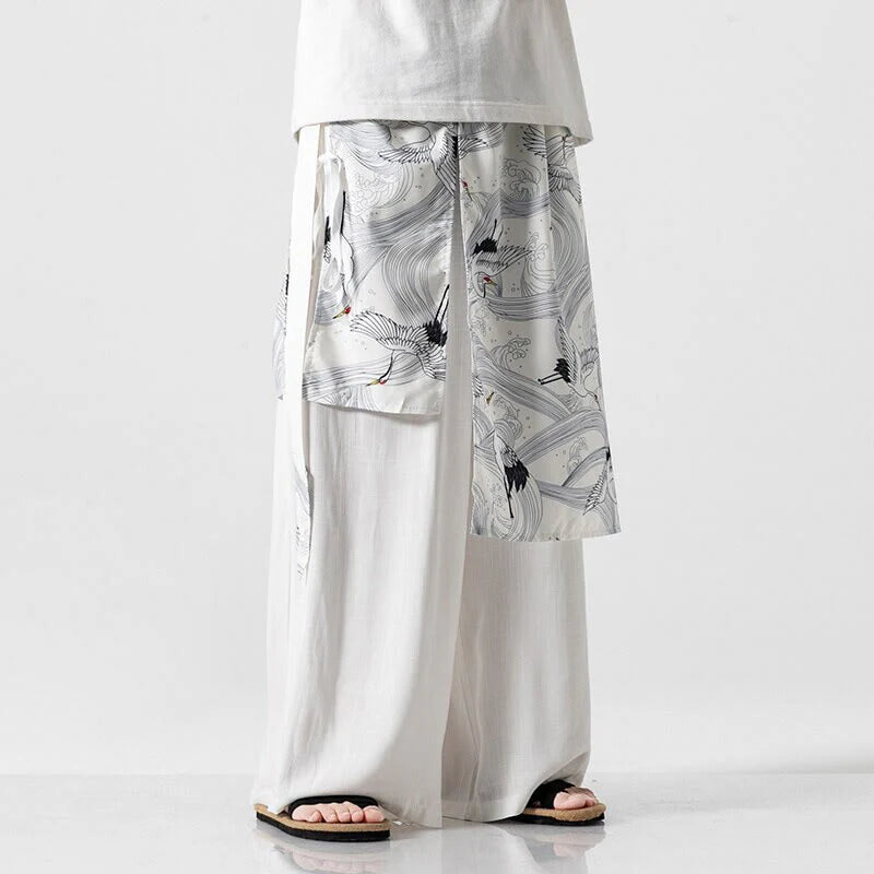 Buddha Stones Summer Flying Crane Design Cotton Men's Wide Leg Pants With Pockets