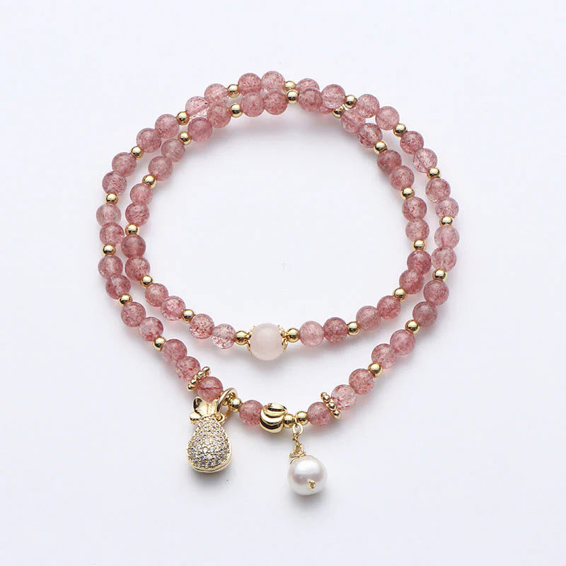 Buddha Stones Strawberry Quartz Money Bag Positive Charm Double Wrap Bracelet