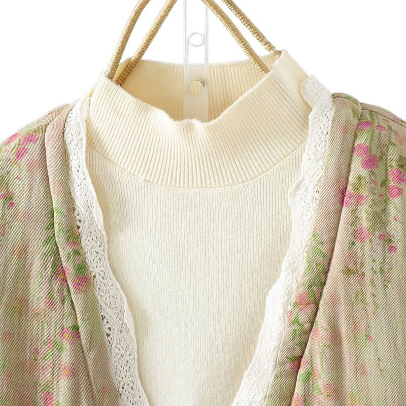 Buddha Stones Winter Lace Patchwork Long Sleeve Cotton Women's Thermal Jacket With Pockets