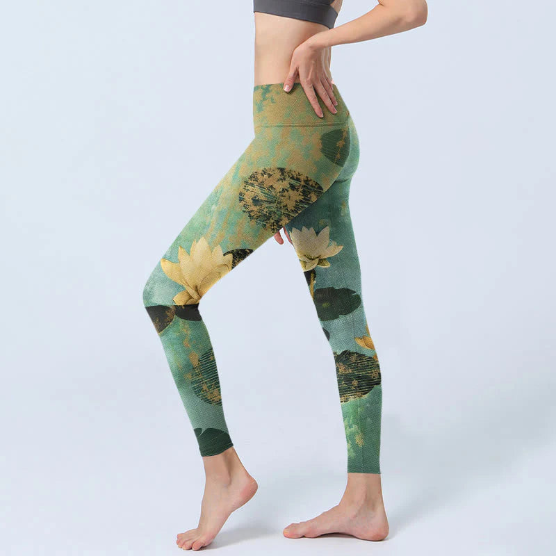 Buddha Stones Classical Lotus Flower Leaf Pattern Print Gym Leggings Women's Yoga Pants