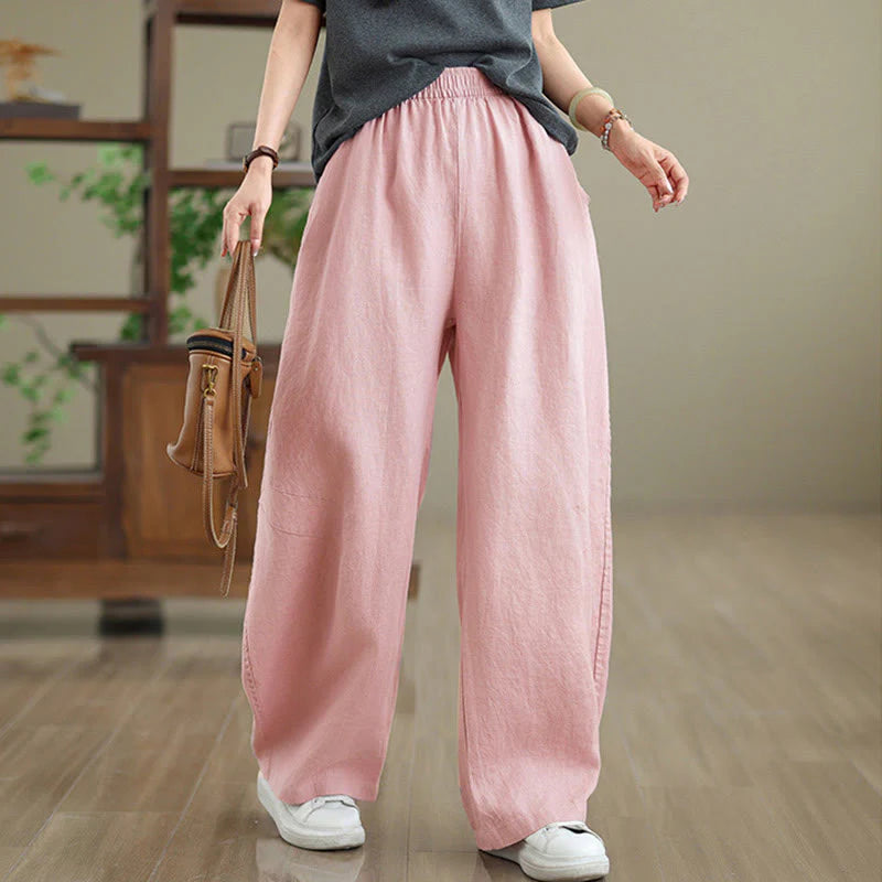Buddha Stones Casual Plain Cotton Women's Wide Leg Pants With Pockets