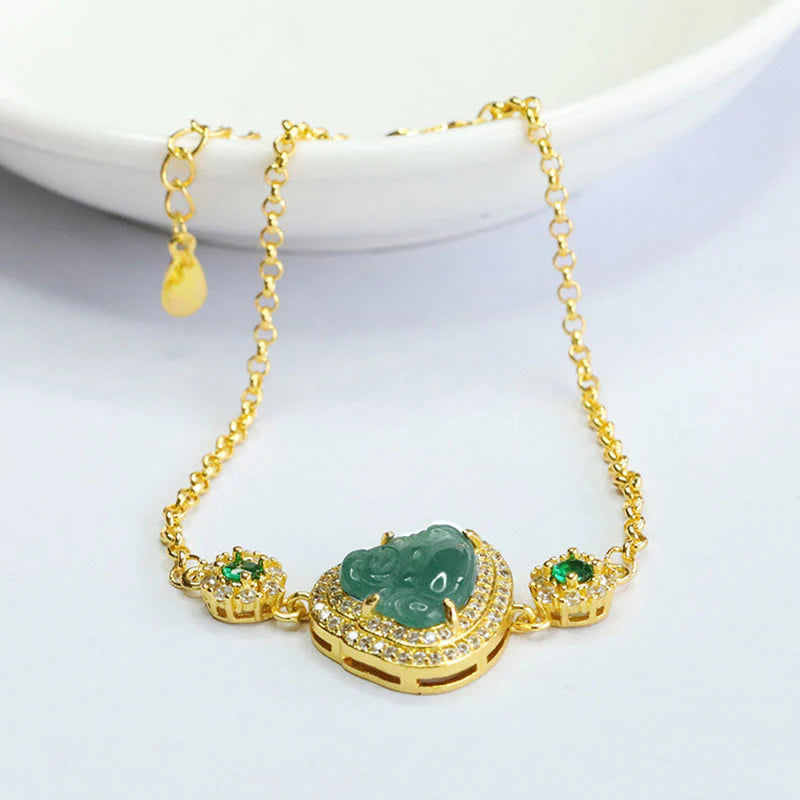 Buddha Stones Laughing Buddha Green Jade Zircon Luck Chain Bracelet