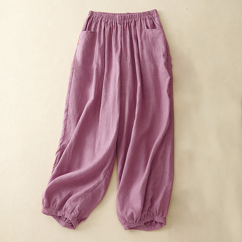 Buddha Stones Summer Commute Pure Color Women's Cotton Ankle-Length Pants With Pockets