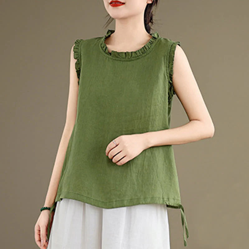 Buddha Stones Summer Ruffled Design Drawstring Crew Neck Cotton Linen Women's Sleeveless Vest