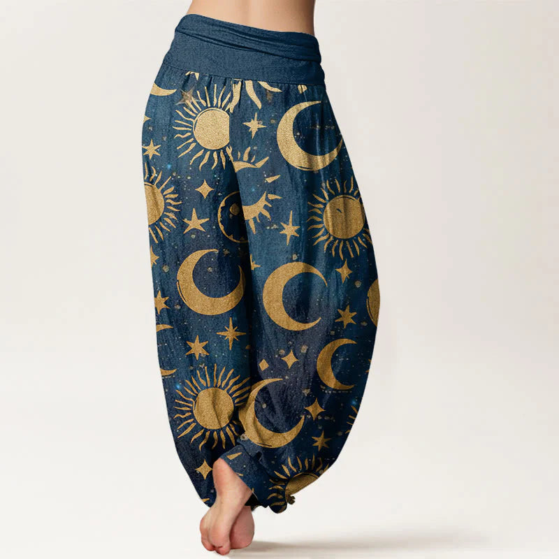 Buddha Stones Cotton Crescent Moon Sun Stars Pattern Design Women's Elastic Waist Harem Pants
