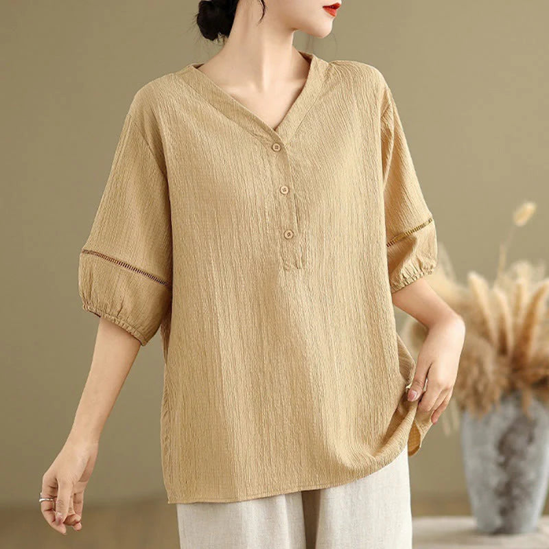 Buddha Stones Casual Plain Button V-Neck Women's Polyester Short Sleeve Shirt