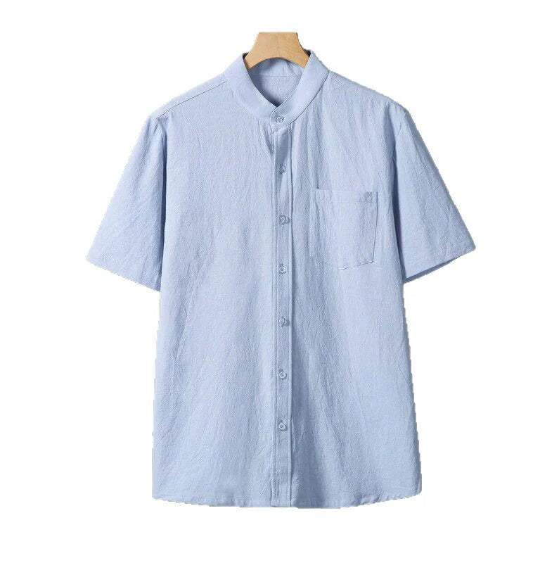 Buddha Stones Daily Printing Solid Color Single Breasted Men's Short Sleeve Cotton Linen Shirt WIth Pockets