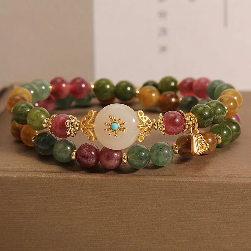 Buddha Stones Natural Multicolored Tourmaline Positive Jade Flower Double Wrap Bracelet