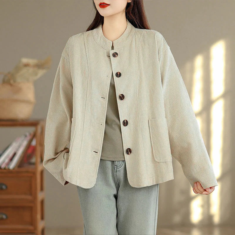 Buddha Stones Buttons Design Corduroy Long Sleeve Women's Jacket With Pockets