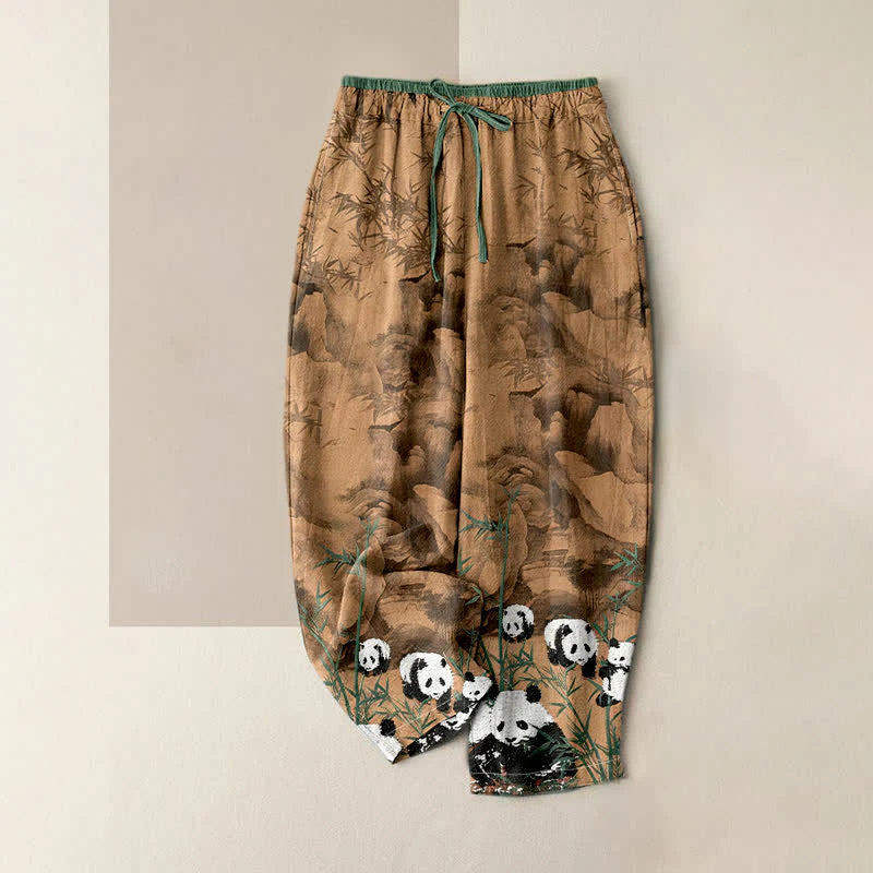 Buddha Stones Cotton Pandas Bamboo Print Elastic Waist Women's Pants With Pockets