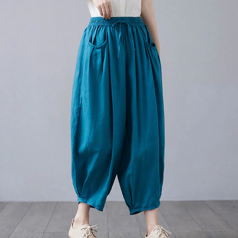 Buddha Stones Summer Plain Cropped Pants Women's Cotton Linen Harem Pants With Pockets