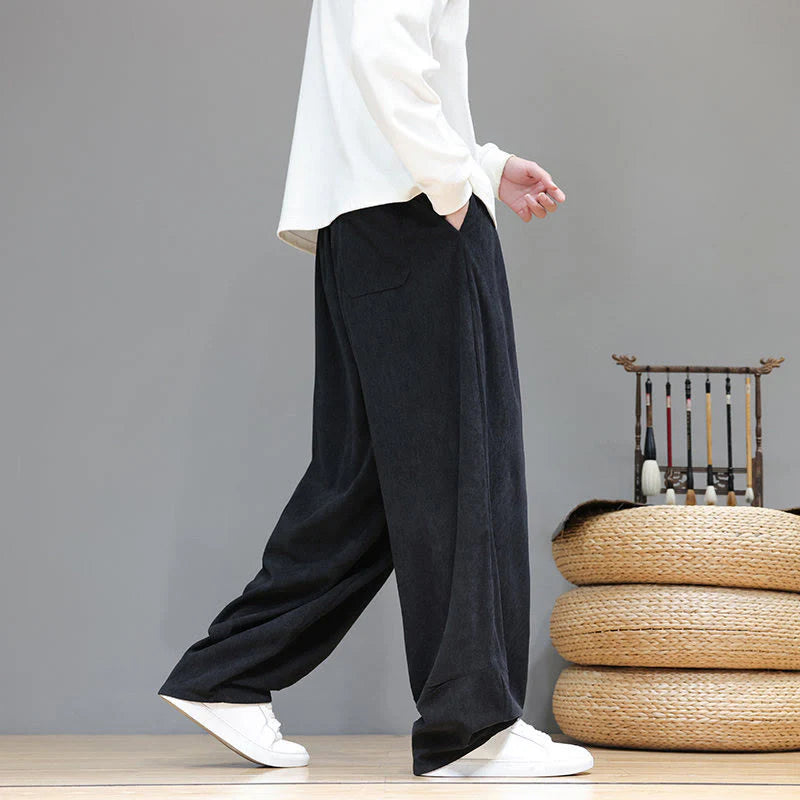 Buddha Stones Plain Color Pure Cotton Corduroy Men's Harem Pants With Pockets