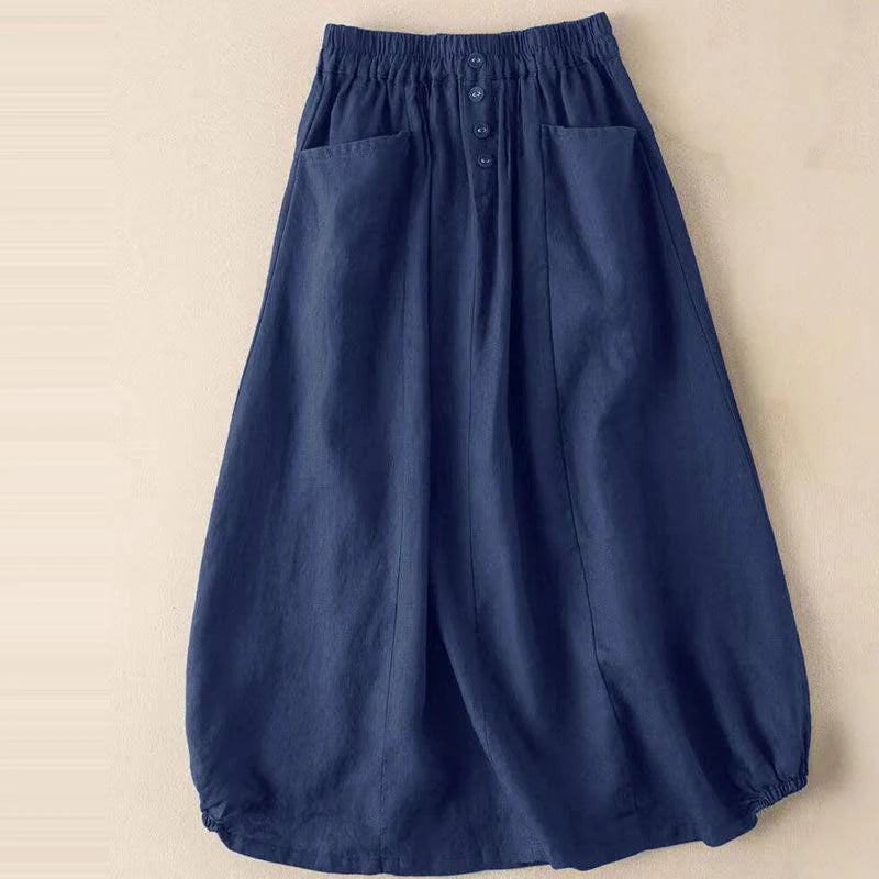 Buddha Stones Summer Solid Button Elastic Waist 7-8 Length Women's Skirt With Pockets