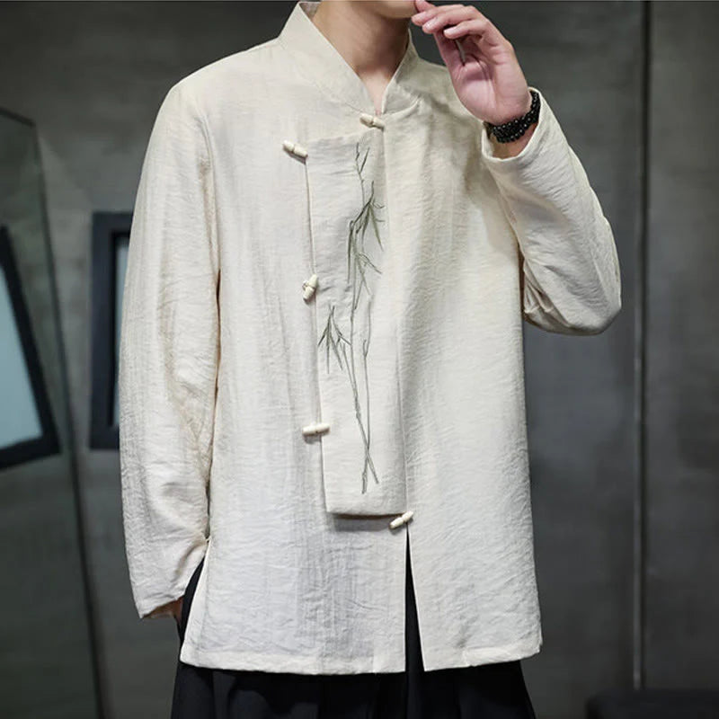 Buddha Stones Fall Solid Color Bamboo Leaf Embroidery Men's Long Sleeve Cotton Linen Shirt